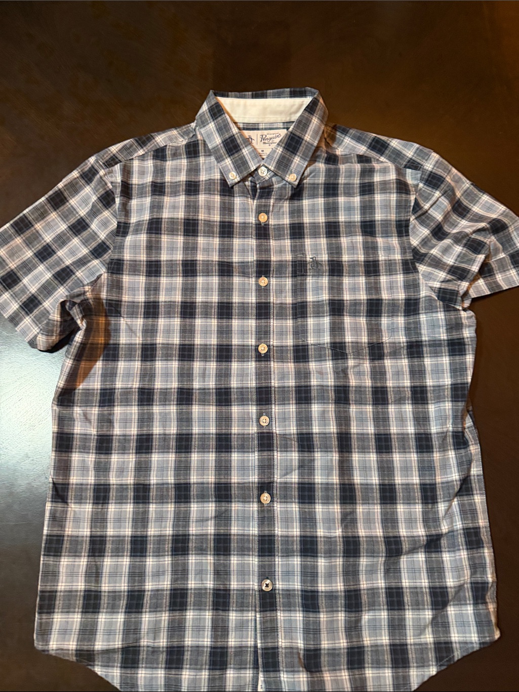 Men's Original Penguin Navy And White Plaid Button-Down Short-Sleeved Shirt